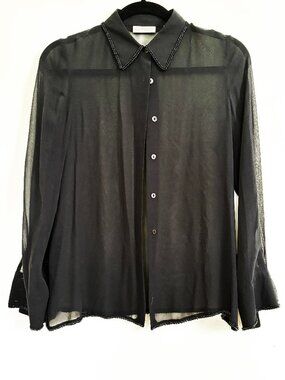 Elegant Sheer Black Silk Blouse with Delicate Beadwork Trim Petite SM